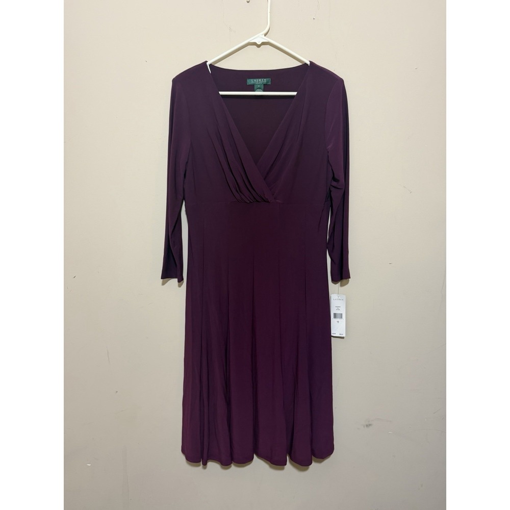 NWT Lauren Ralph Lauren Burgundy empire waist 3/4 sleeves women's Dress Size 12